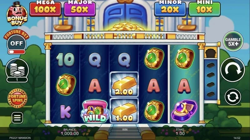 Piggy Mansion - screen ng laro na may 5x3 grid at mga simbolo ng pera